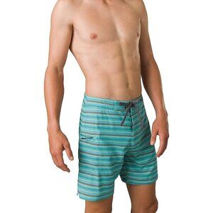 Prana Fenton Boardshort‎ Swimsuit Mens 32 Aqua Beach Stripe 9 Inch Stretch